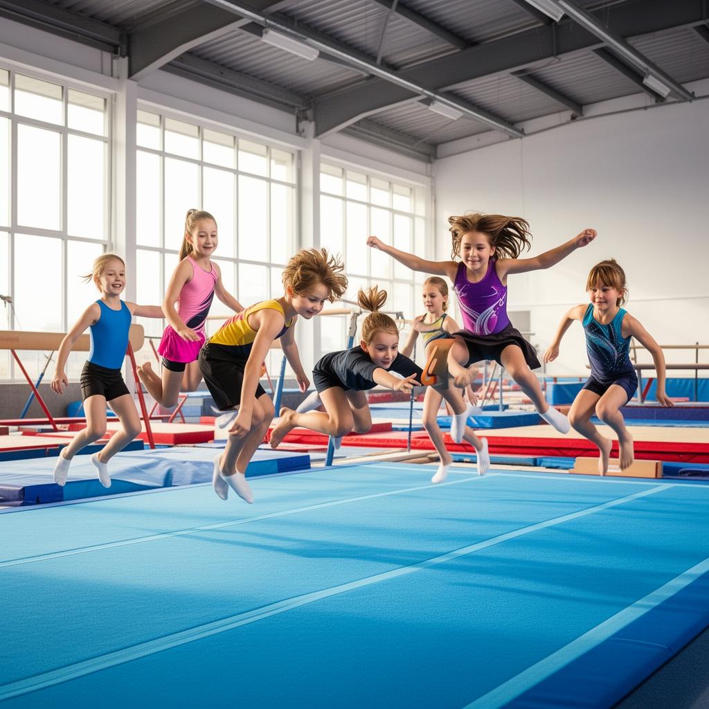 Kids practicing gymnastics on a blue mat at Tumble Gym Hennur